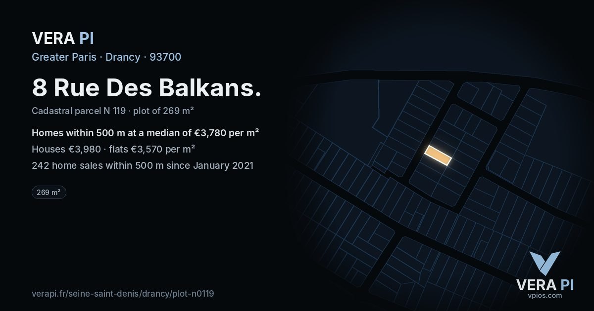 8 Rue Des Balkans, Drancy at night – the plot lit, the parcels around coloured by the prices near them