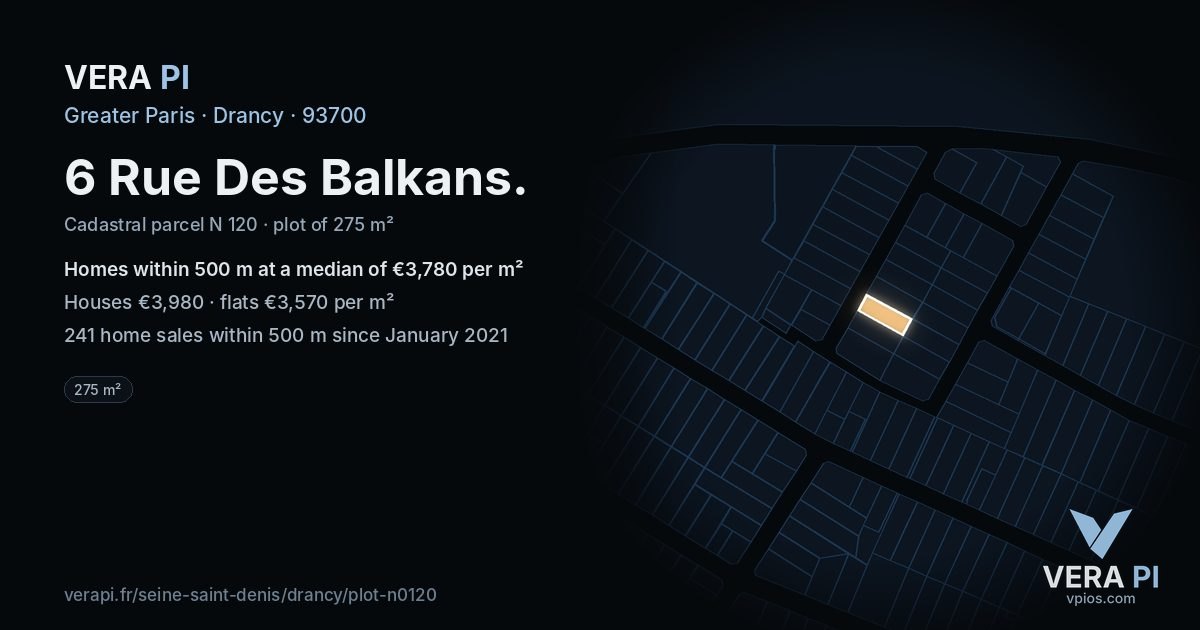 6 Rue Des Balkans, Drancy at night – the plot lit, the parcels around coloured by the prices near them
