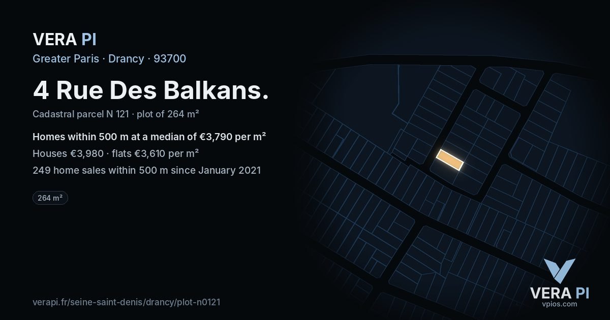 4 Rue Des Balkans, Drancy at night – the plot lit, the parcels around coloured by the prices near them
