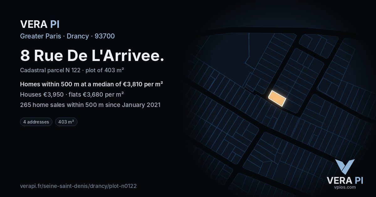 8 Rue De L'Arrivee, Drancy at night – the plot lit, the parcels around coloured by the prices near them