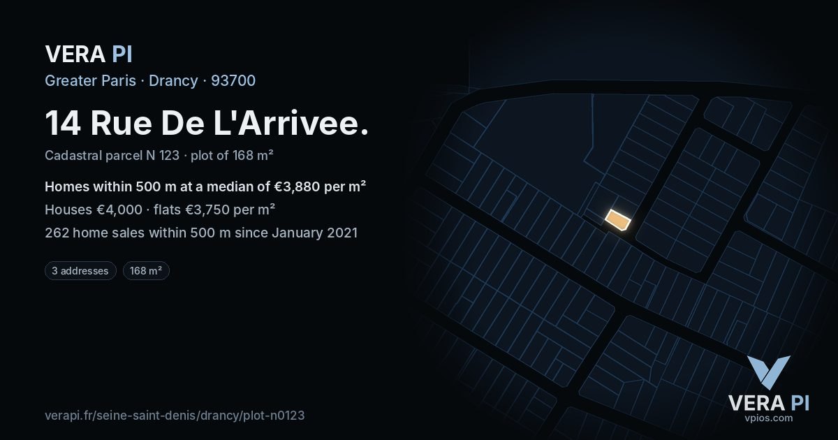 14 Rue De L'Arrivee, Drancy at night – the plot lit, the parcels around coloured by the prices near them