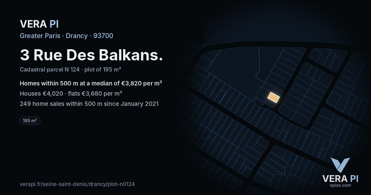 3 Rue Des Balkans, Drancy at night – the plot lit, the parcels around coloured by the prices near them