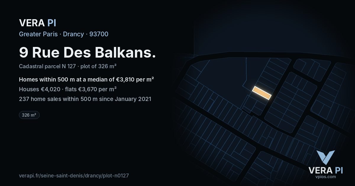 9 Rue Des Balkans, Drancy at night – the plot lit, the parcels around coloured by the prices near them