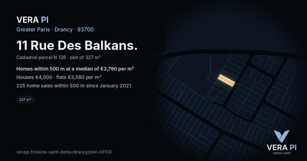 11 Rue Des Balkans, Drancy at night – the plot lit, the parcels around coloured by the prices near them