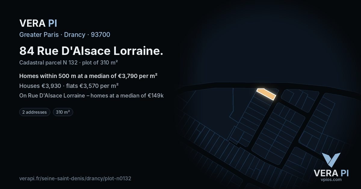 84 Rue D'Alsace Lorraine, Drancy at night – the plot lit, the parcels around coloured by the prices near them