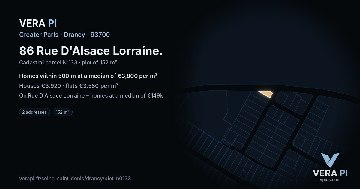 86 Rue D'Alsace Lorraine, Drancy at night – the plot lit, the parcels around coloured by the prices near them