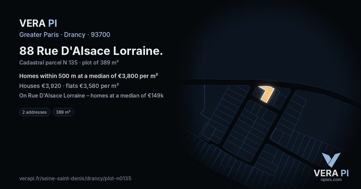 88 Rue D'Alsace Lorraine, Drancy at night – the plot lit, the parcels around coloured by the prices near them