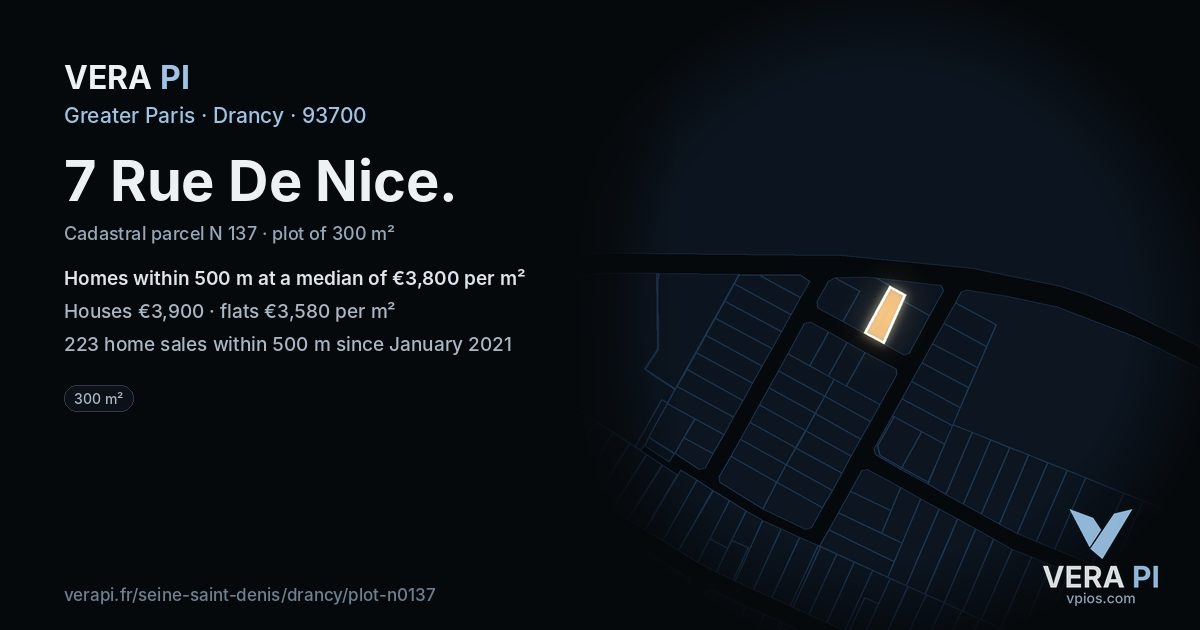 7 Rue De Nice, Drancy at night – the plot lit, the parcels around coloured by the prices near them