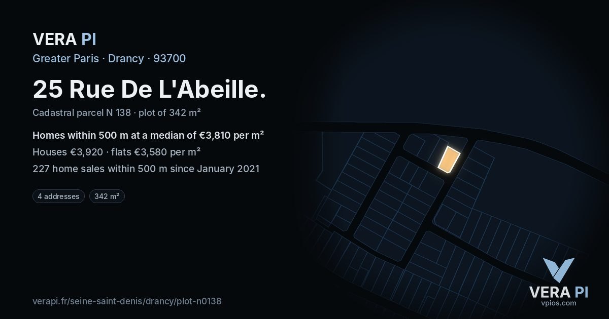 25 Rue De L'Abeille, Drancy at night – the plot lit, the parcels around coloured by the prices near them
