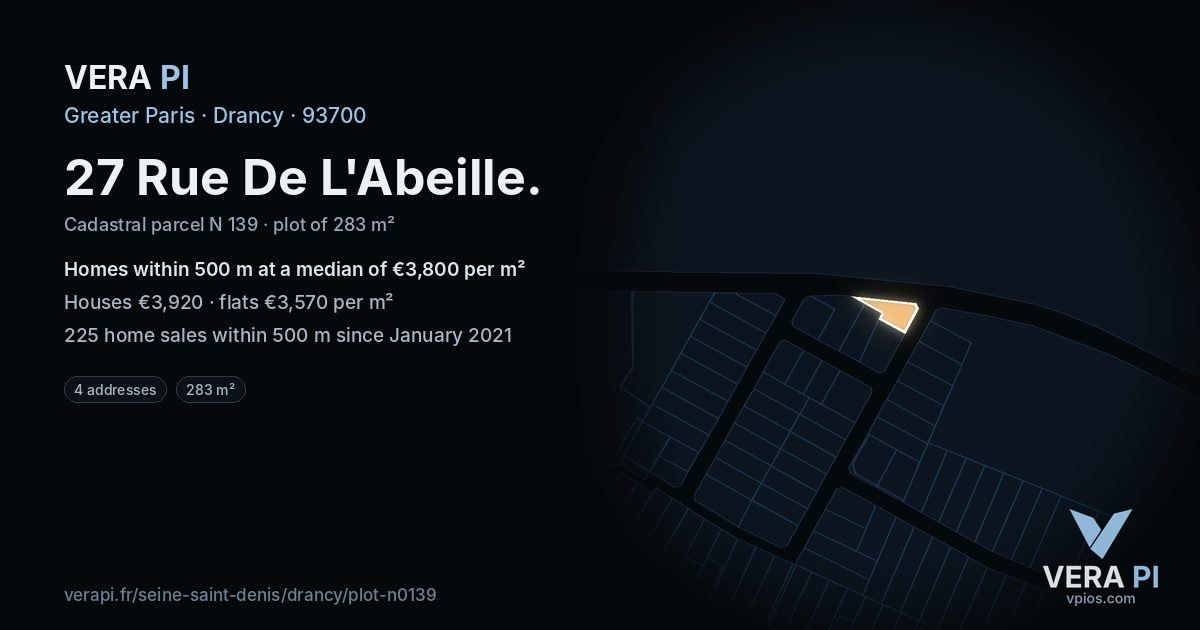 27 Rue De L'Abeille, Drancy at night – the plot lit, the parcels around coloured by the prices near them