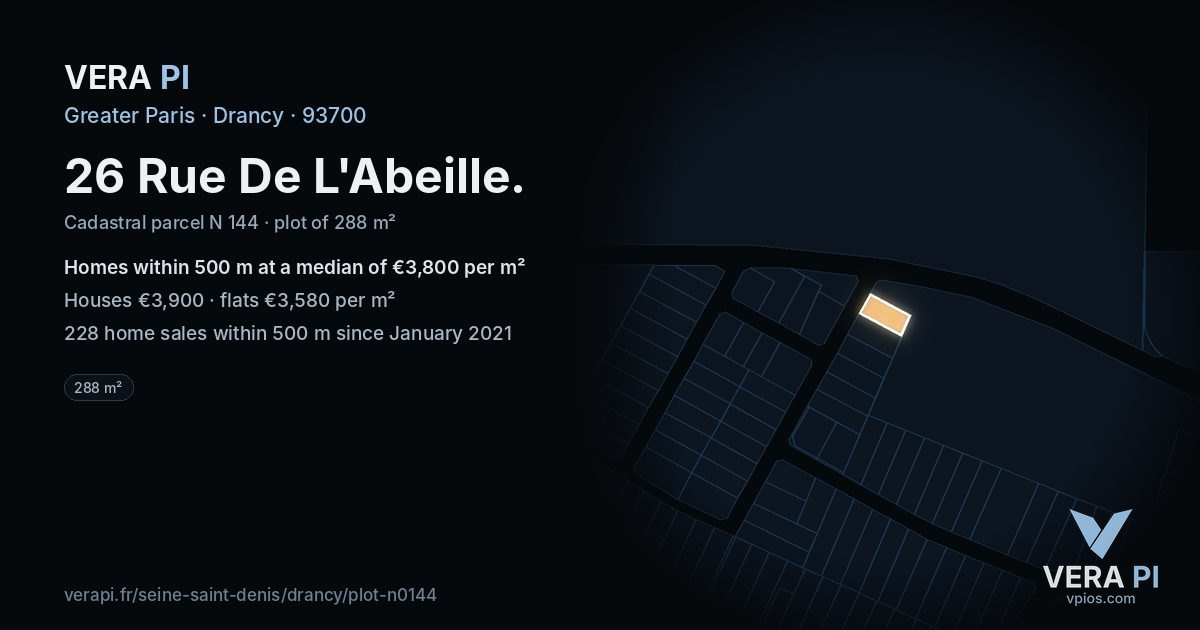 26 Rue De L'Abeille, Drancy at night – the plot lit, the parcels around coloured by the prices near them