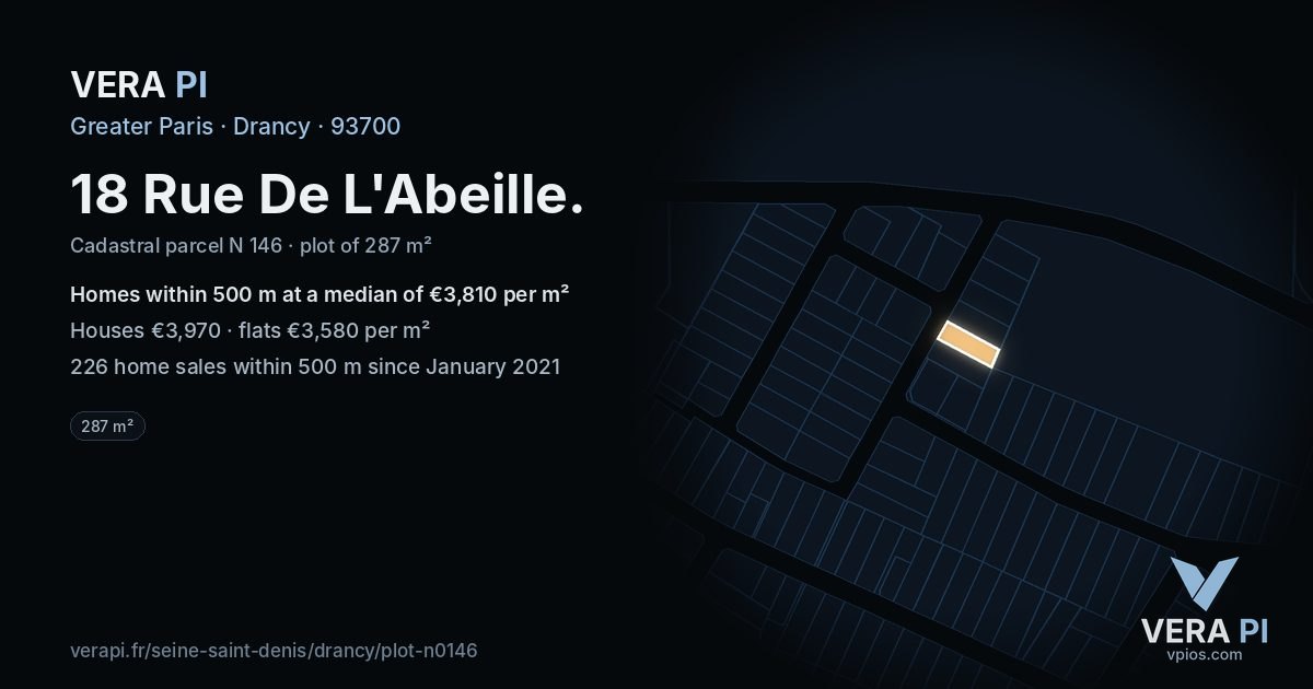 18 Rue De L'Abeille, Drancy at night – the plot lit, the parcels around coloured by the prices near them