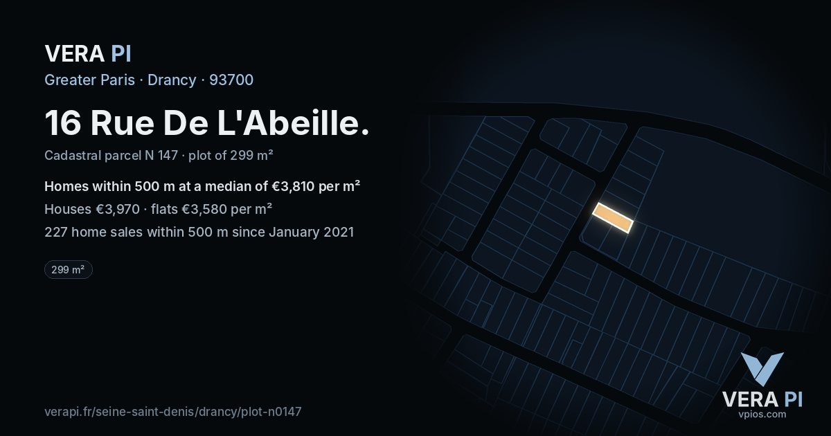 16 Rue De L'Abeille, Drancy at night – the plot lit, the parcels around coloured by the prices near them