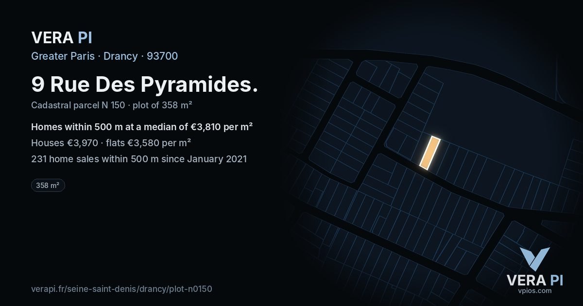 9 Rue Des Pyramides, Drancy at night – the plot lit, the parcels around coloured by the prices near them