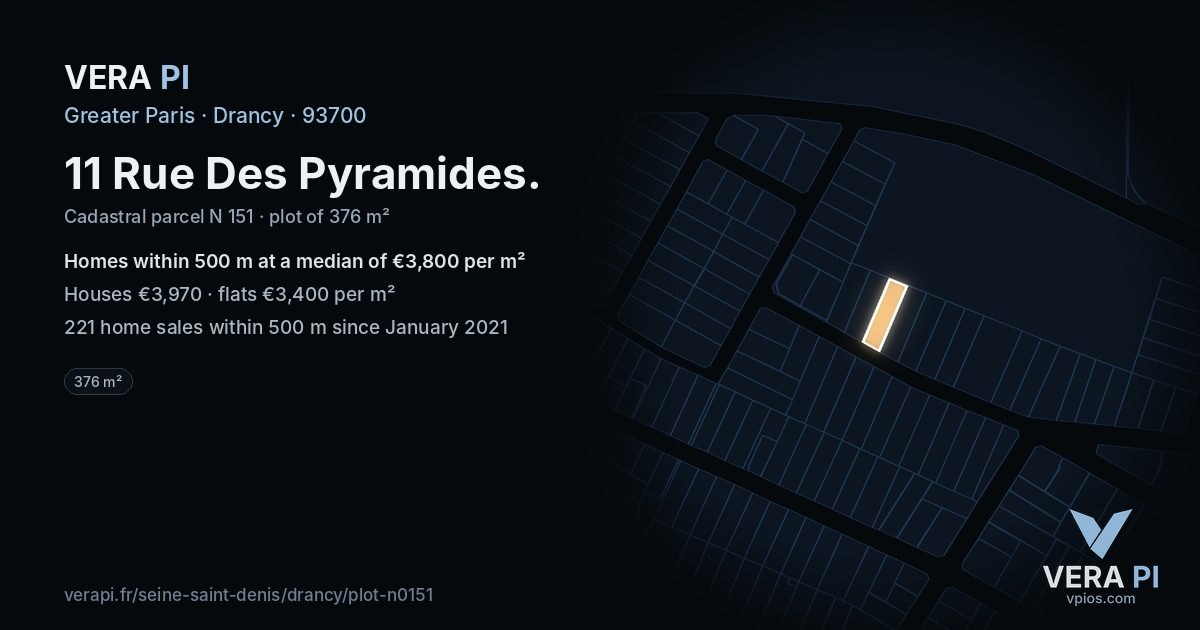 11 Rue Des Pyramides, Drancy at night – the plot lit, the parcels around coloured by the prices near them