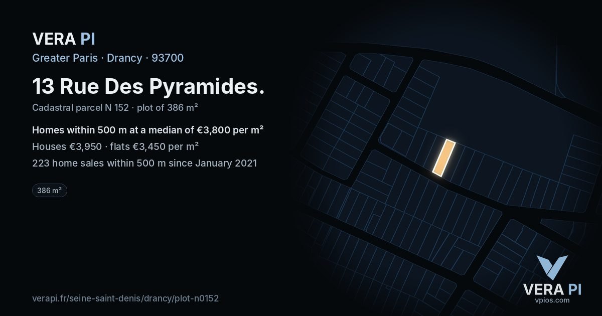 13 Rue Des Pyramides, Drancy at night – the plot lit, the parcels around coloured by the prices near them