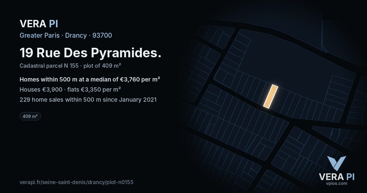 19 Rue Des Pyramides, Drancy at night – the plot lit, the parcels around coloured by the prices near them