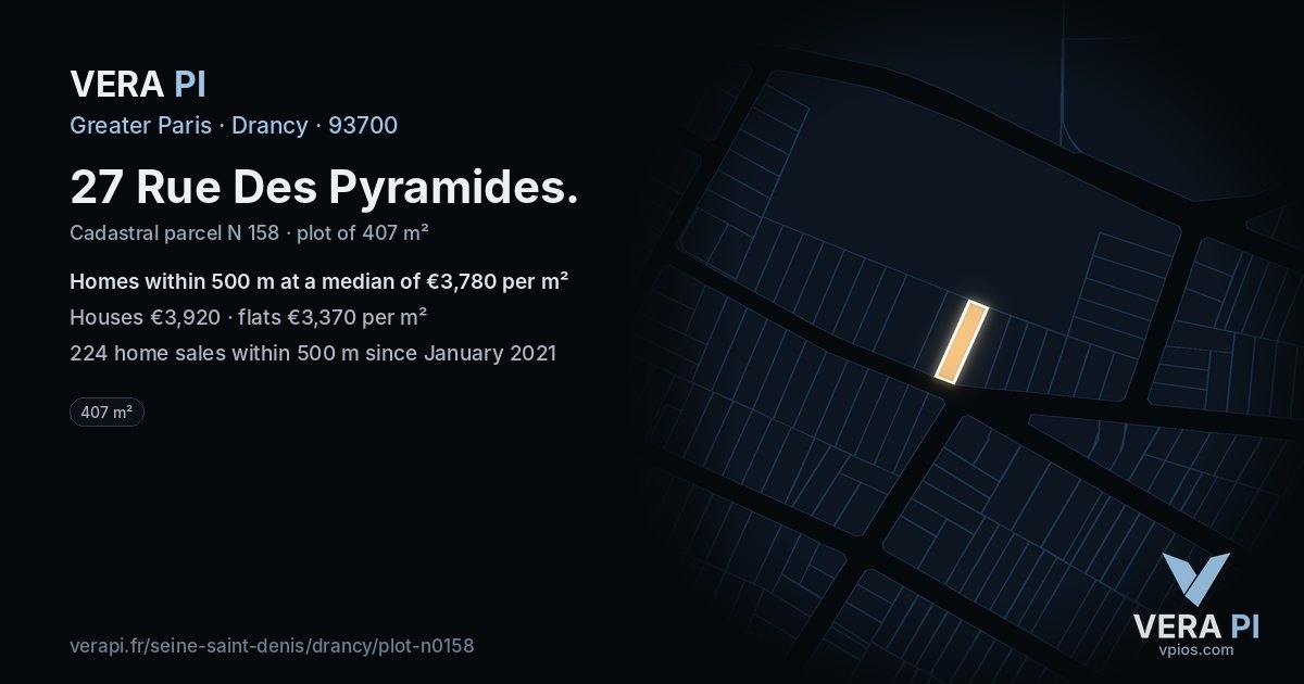 27 Rue Des Pyramides, Drancy at night – the plot lit, the parcels around coloured by the prices near them