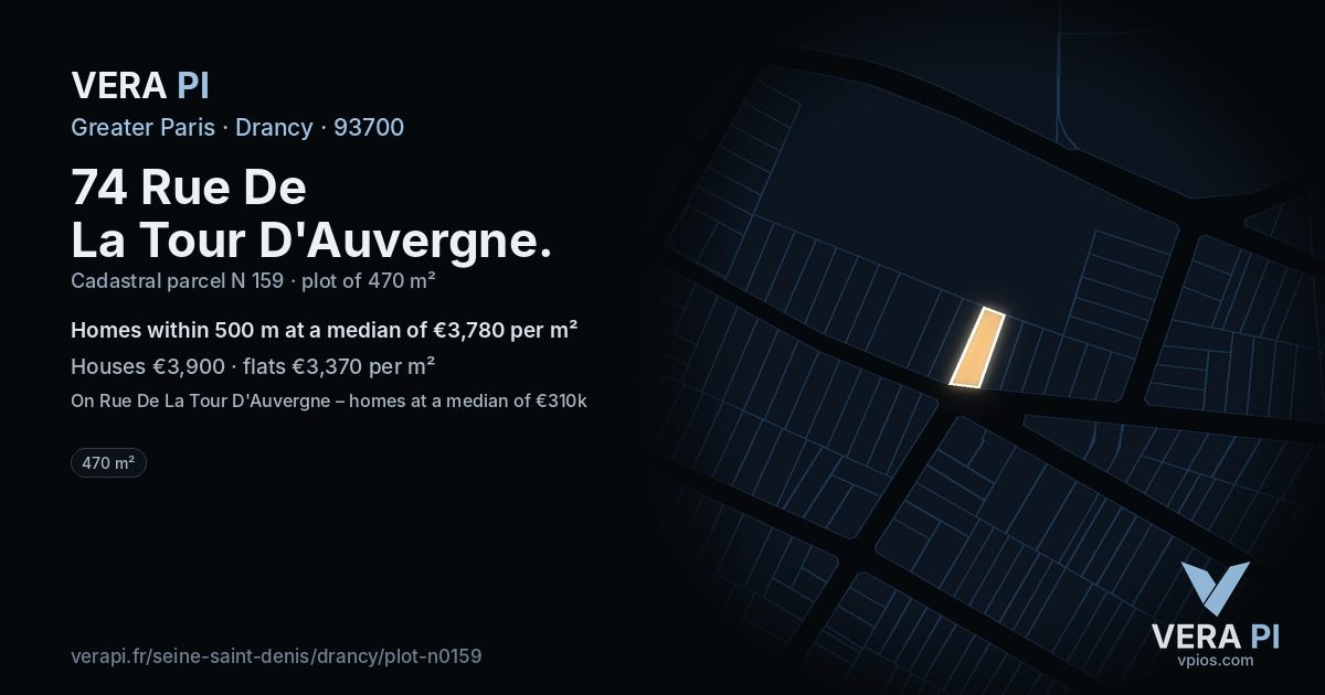 74 Rue De La Tour D'Auvergne, Drancy at night – the plot lit, the parcels around coloured by the prices near them