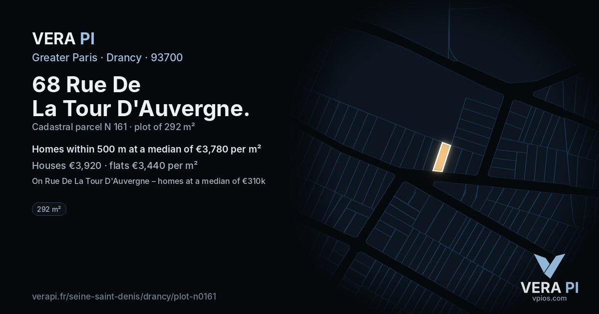68 Rue De La Tour D'Auvergne, Drancy at night – the plot lit, the parcels around coloured by the prices near them
