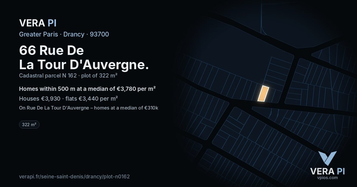 66 Rue De La Tour D'Auvergne, Drancy at night – the plot lit, the parcels around coloured by the prices near them