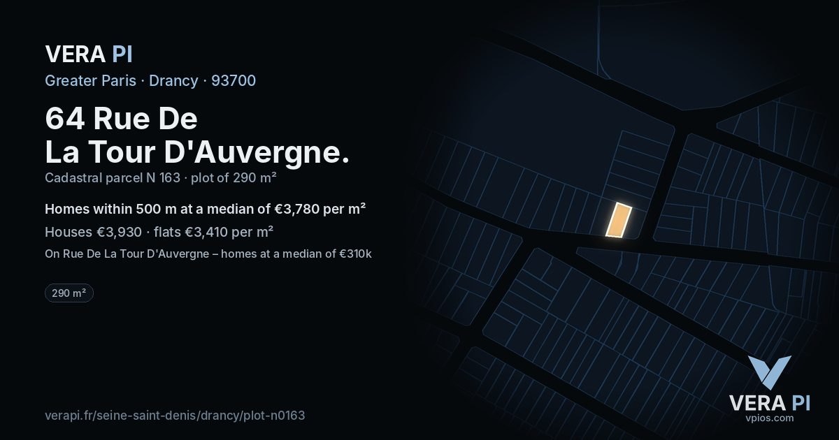64 Rue De La Tour D'Auvergne, Drancy at night – the plot lit, the parcels around coloured by the prices near them
