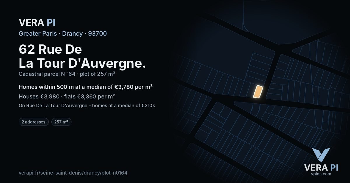 62 Rue De La Tour D'Auvergne, Drancy at night – the plot lit, the parcels around coloured by the prices near them