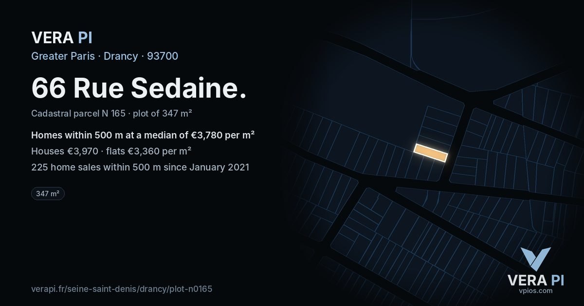 66 Rue Sedaine, Drancy at night – the plot lit, the parcels around coloured by the prices near them