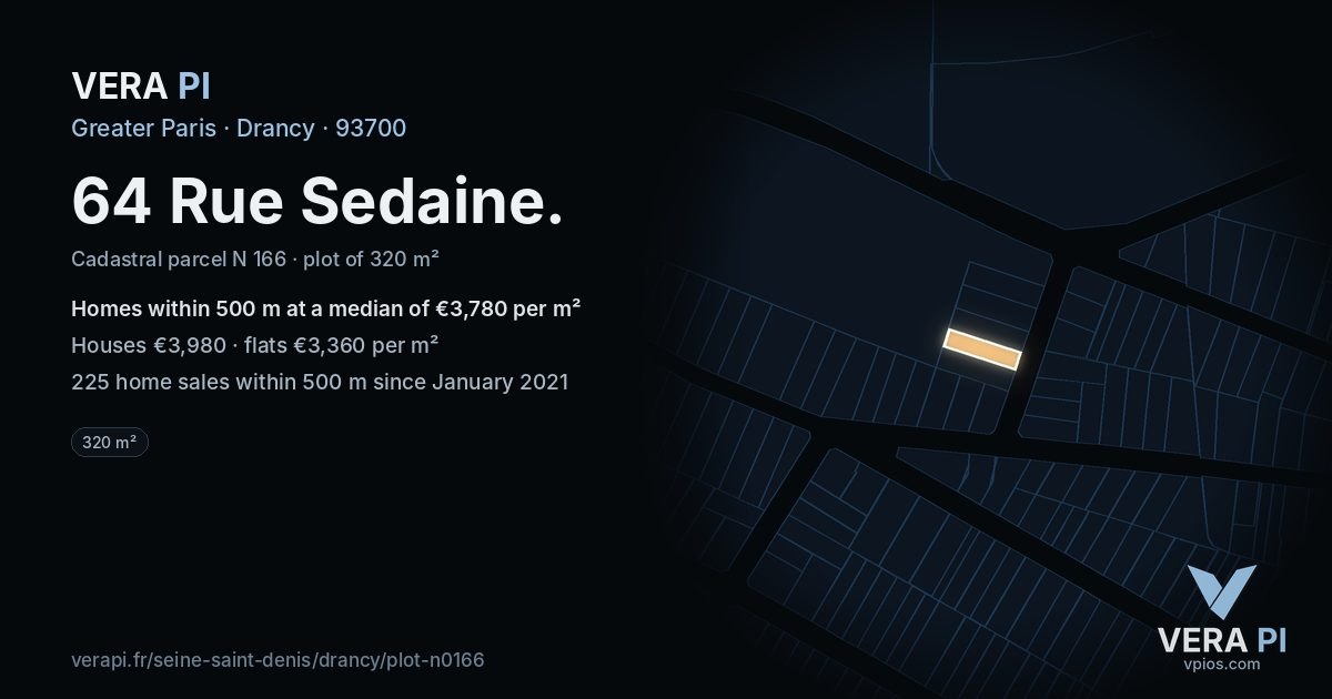64 Rue Sedaine, Drancy at night – the plot lit, the parcels around coloured by the prices near them