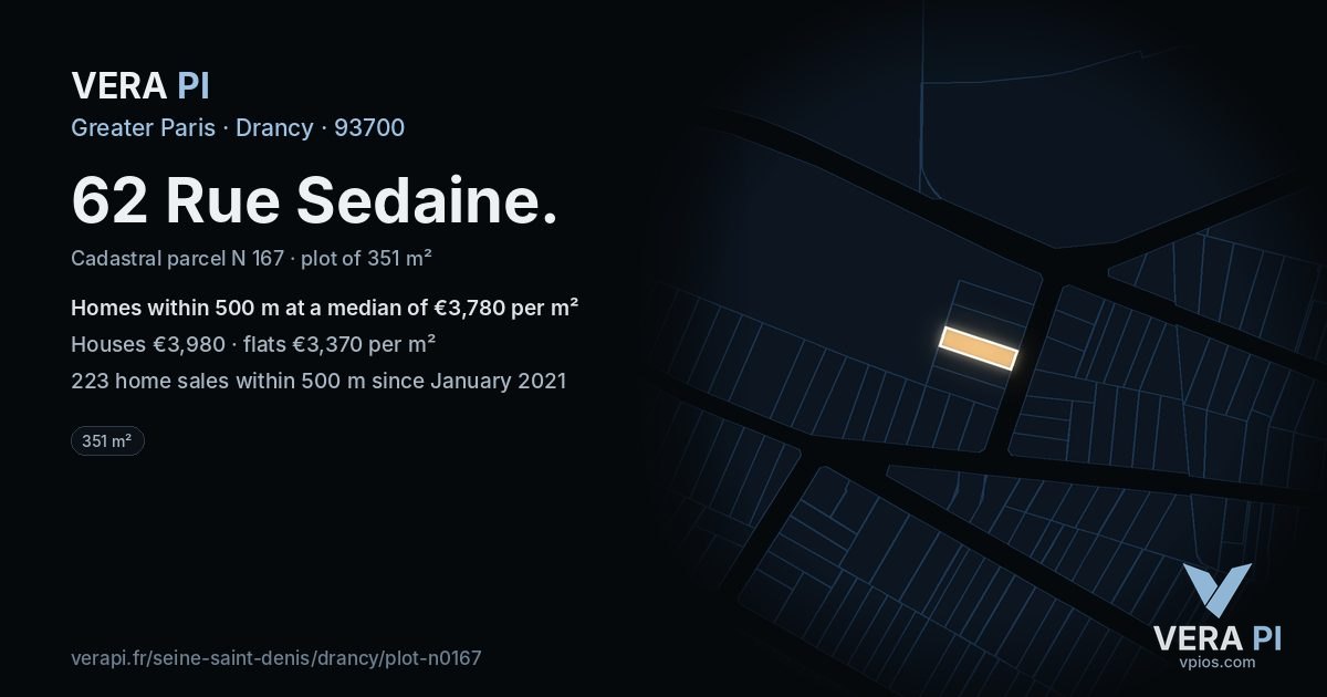 62 Rue Sedaine, Drancy at night – the plot lit, the parcels around coloured by the prices near them