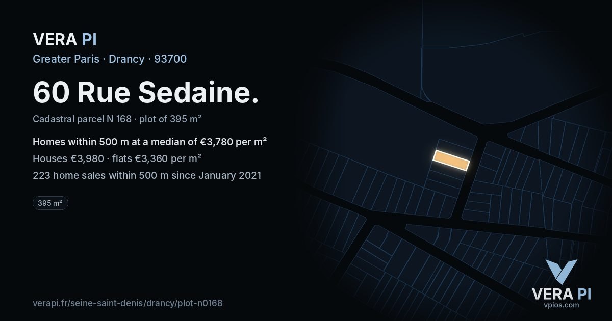 60 Rue Sedaine, Drancy at night – the plot lit, the parcels around coloured by the prices near them