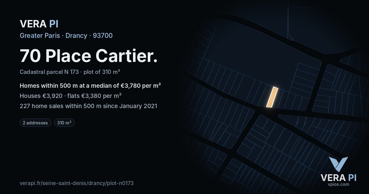 70 Place Cartier, Drancy at night – the plot lit, the parcels around coloured by the prices near them