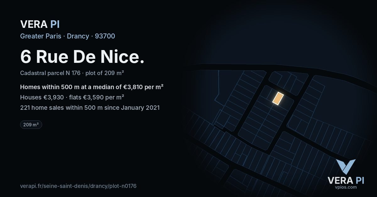 6 Rue De Nice, Drancy at night – the plot lit, the parcels around coloured by the prices near them