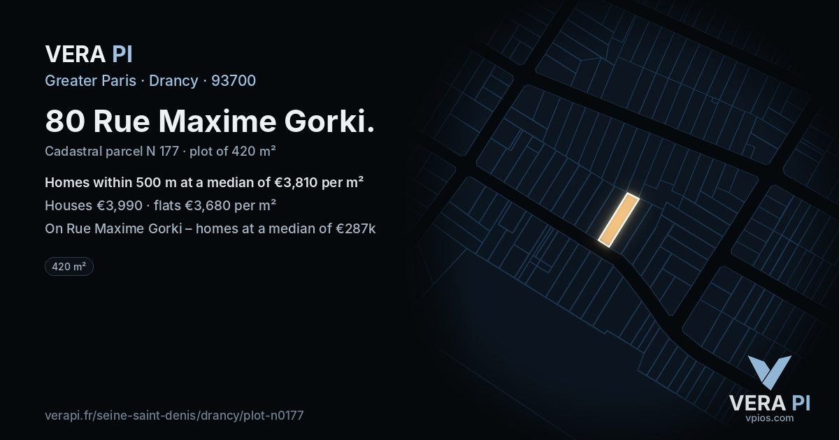 80 Rue Maxime Gorki, Drancy at night – the plot lit, the parcels around coloured by the prices near them