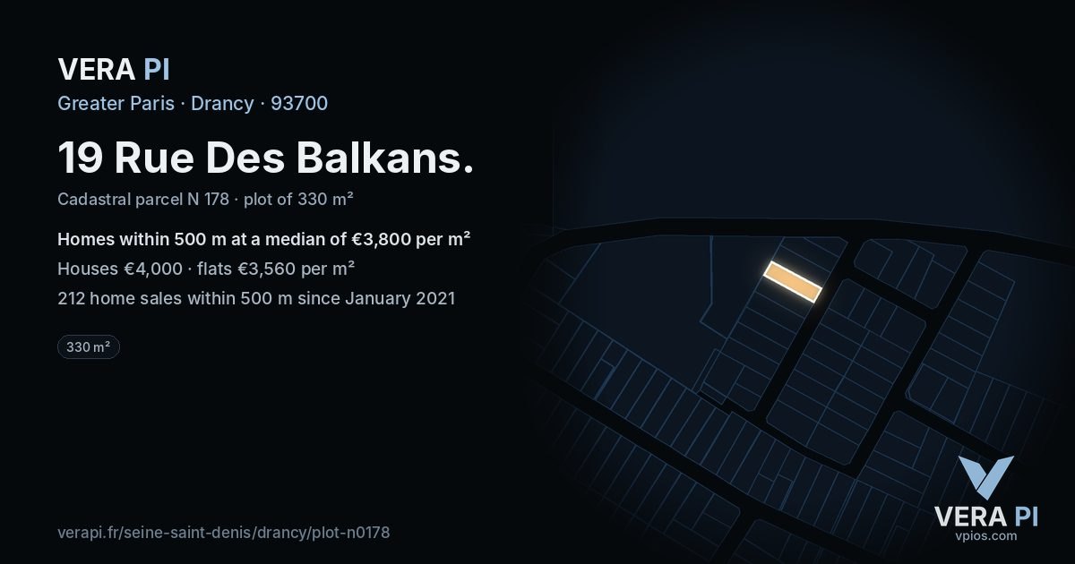 19 Rue Des Balkans, Drancy at night – the plot lit, the parcels around coloured by the prices near them