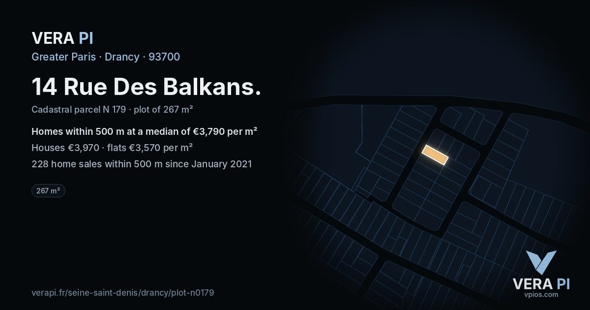 14 Rue Des Balkans, Drancy at night – the plot lit, the parcels around coloured by the prices near them