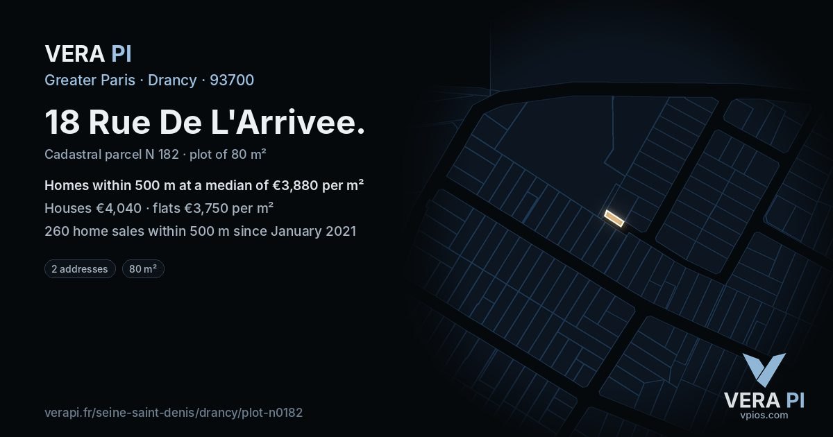 18 Rue De L'Arrivee, Drancy at night – the plot lit, the parcels around coloured by the prices near them