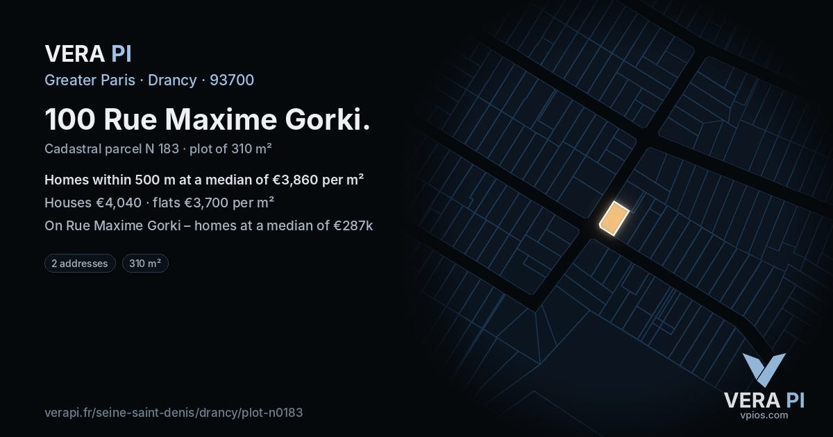 100 Rue Maxime Gorki, Drancy at night – the plot lit, the parcels around coloured by the prices near them