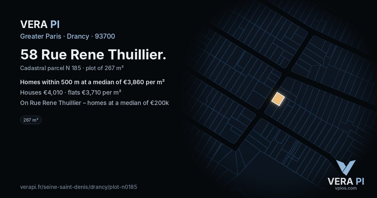 58 Rue Rene Thuillier, Drancy at night – the plot lit, the parcels around coloured by the prices near them