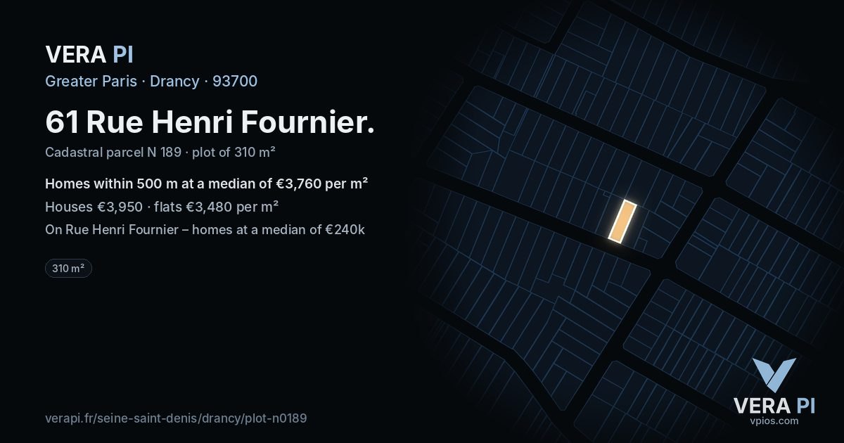 61 Rue Henri Fournier, Drancy at night – the plot lit, the parcels around coloured by the prices near them