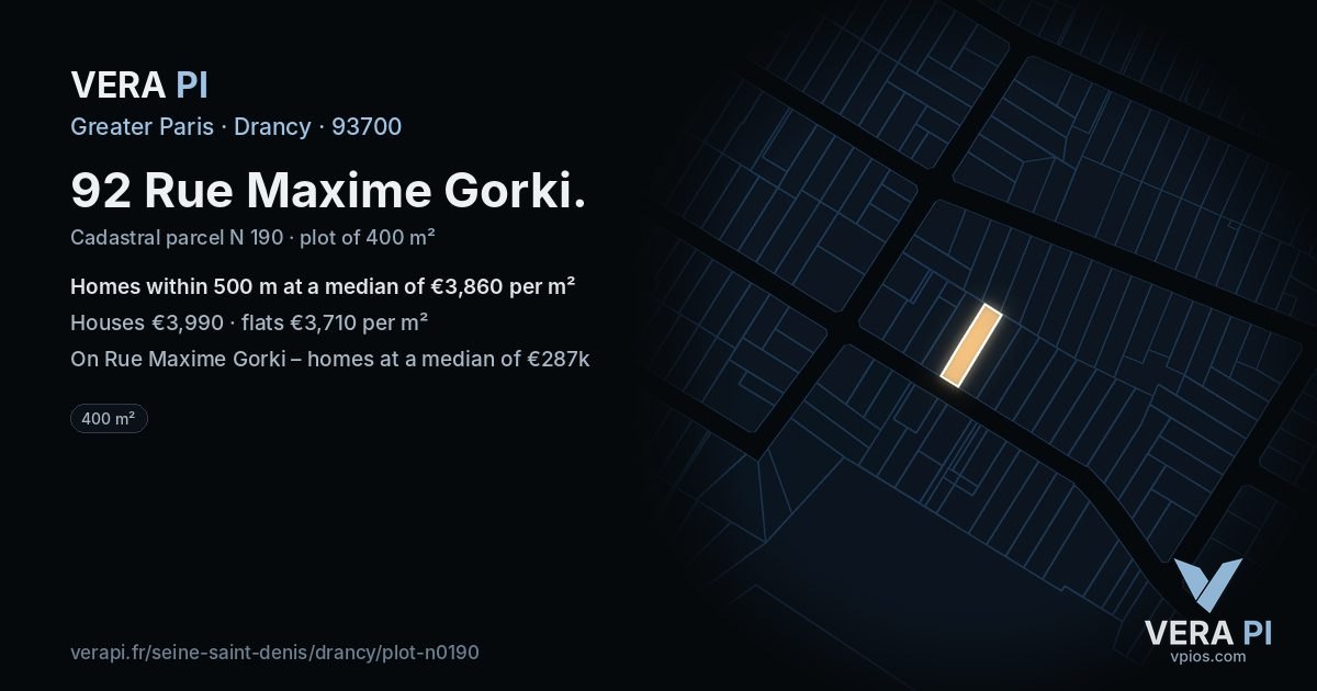 92 Rue Maxime Gorki, Drancy at night – the plot lit, the parcels around coloured by the prices near them