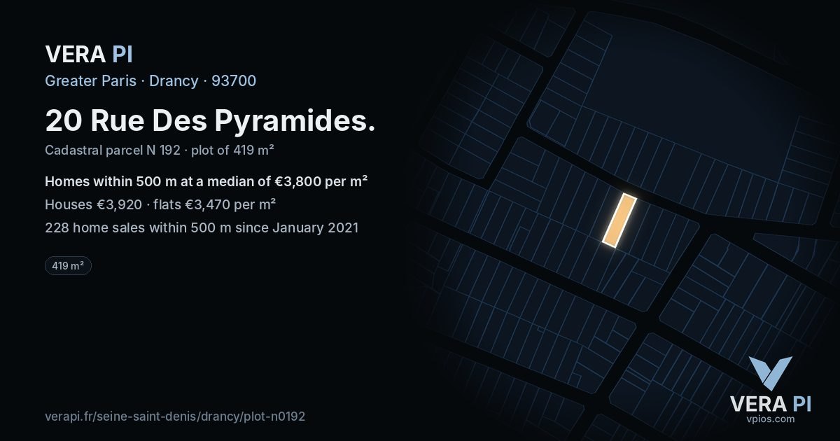 20 Rue Des Pyramides, Drancy at night – the plot lit, the parcels around coloured by the prices near them