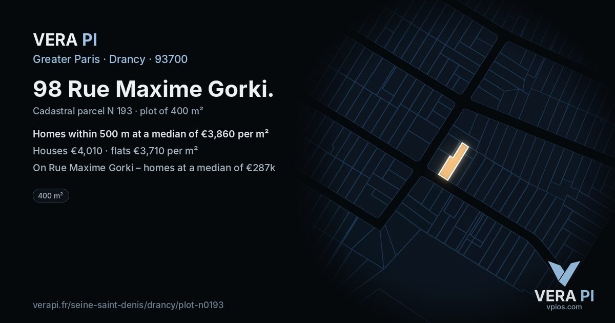 98 Rue Maxime Gorki, Drancy at night – the plot lit, the parcels around coloured by the prices near them