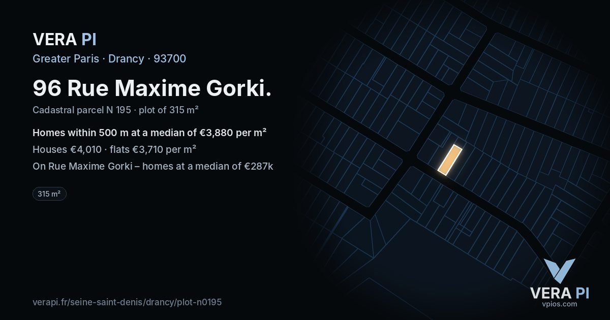 96 Rue Maxime Gorki, Drancy at night – the plot lit, the parcels around coloured by the prices near them
