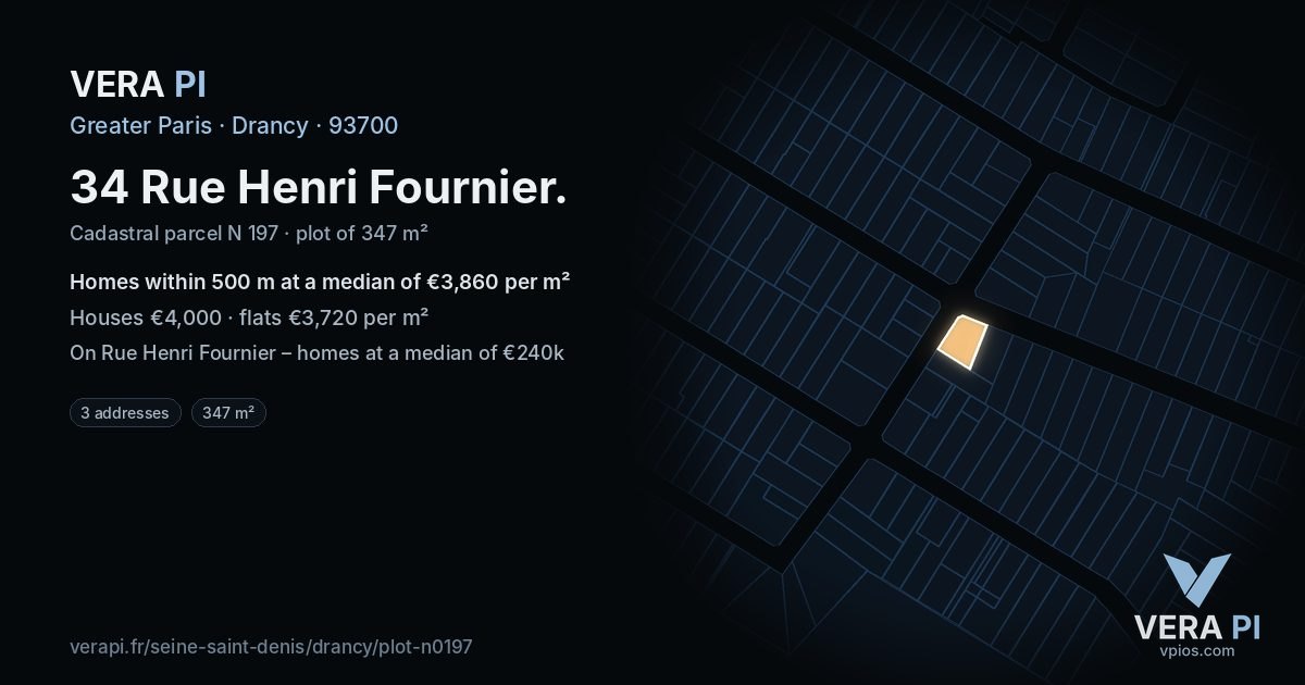 34 Rue Henri Fournier, Drancy at night – the plot lit, the parcels around coloured by the prices near them