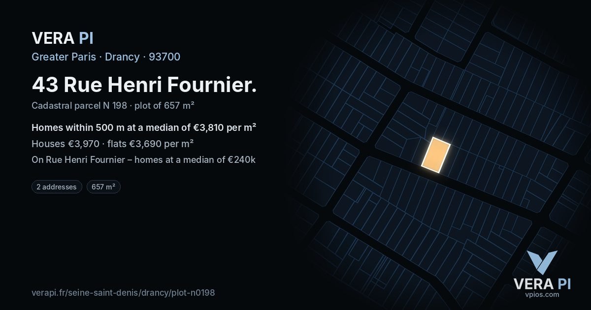 43 Rue Henri Fournier, Drancy at night – the plot lit, the parcels around coloured by the prices near them