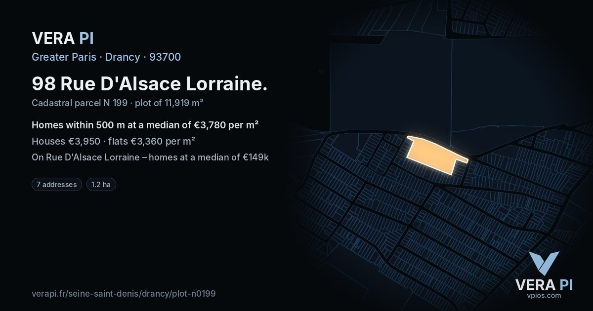 98 Rue D'Alsace Lorraine, Drancy at night – the plot lit, the parcels around coloured by the prices near them