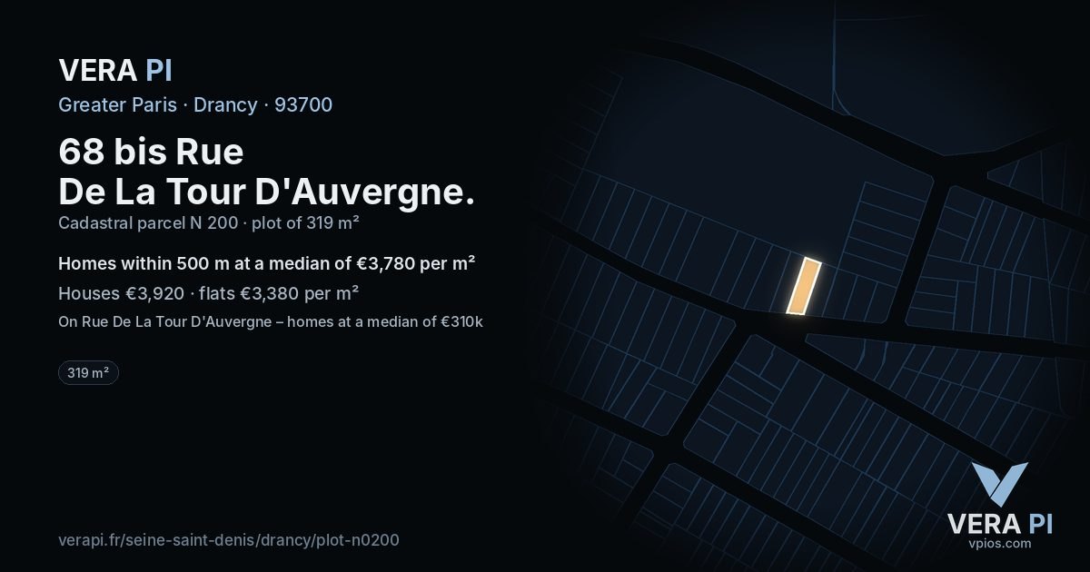 68 bis Rue De La Tour D'Auvergne, Drancy at night – the plot lit, the parcels around coloured by the prices near them