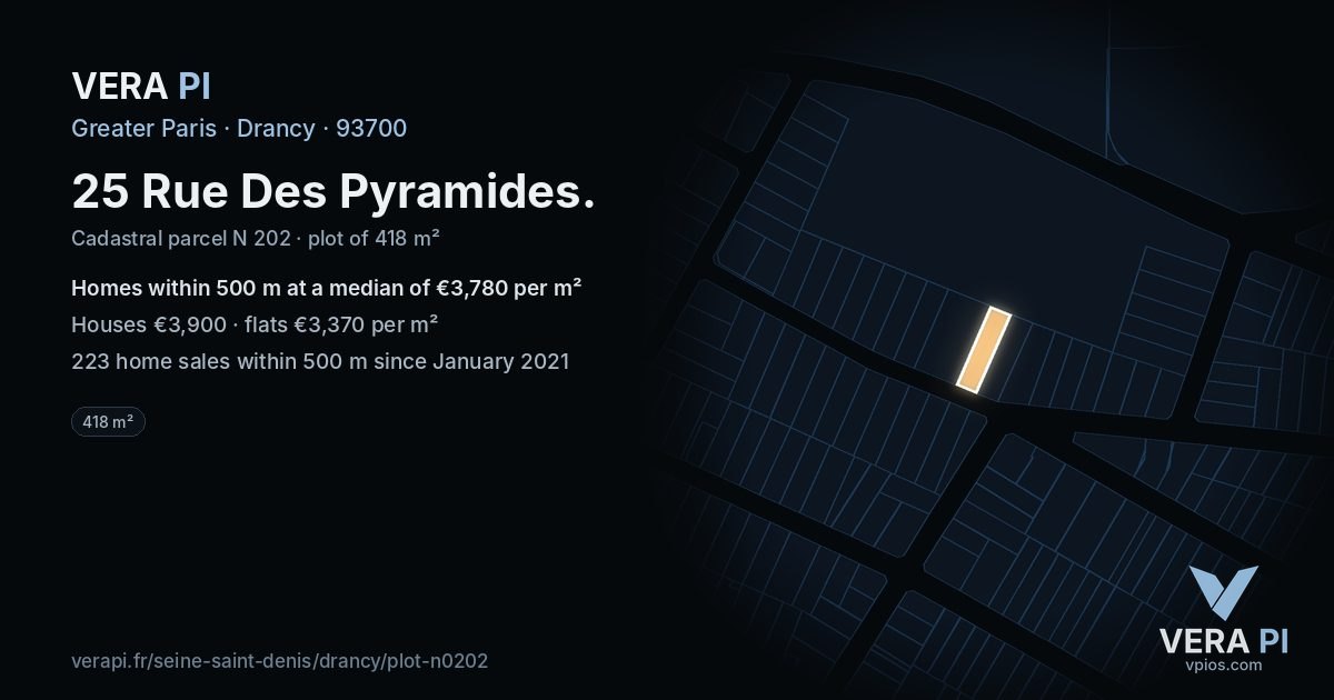 25 Rue Des Pyramides, Drancy at night – the plot lit, the parcels around coloured by the prices near them