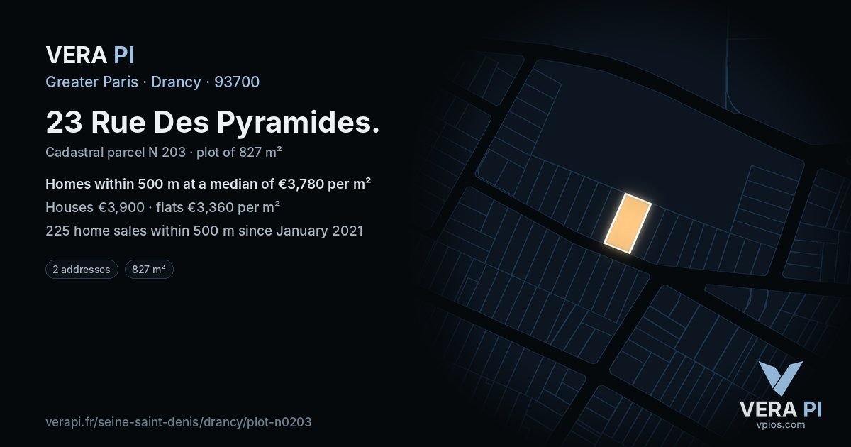 23 Rue Des Pyramides, Drancy at night – the plot lit, the parcels around coloured by the prices near them